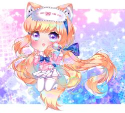 Rule 34 | 1girl, animal ear fluff, animal ears, animal print, artist name, blonde hair, blue background, blue bow, blue bowtie, blue eyes, blue hairband, blush, border, bow, bowtie, chibi, cityscape, collared shirt, crescent, eyelashes, fang, fox ears, fox tail, gift art, gradient background, hair bow, hairband, heart, heart in eye, holding, holding wand, lace trim, letterboxed, long hair, long sleeves, looking at viewer, low twintails, lunime, magical girl, mask, mask on head, miniskirt, nyahallo, open mouth, original, outside border, pink background, pink bow, pink shirt, pink sleeves, pleated skirt, pocket, purple eyes, rabbit print, ribbon trim, sailor collar, school uniform, serafuku, shirt, skirt, sleep mask, smile, solo, sparkle, star (symbol), starry background, symbol in eye, tail, thighhighs, twintails, two-tone eyes, v, very long hair, wand, watermark, white border, white mask, white sailor collar, white skirt, white thighhighs