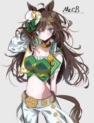 Rule 34 | 1girl, ahoge, animal ears, arm behind back, arm strap, arm up, bare shoulders, blush, bow, breasts, brown hair, character name, choker, commentary, cowboy shot, crop top, donki (dodododonkidon), green bow, green eyes, green shirt, grey background, hair ornament, hairclip, hat, hat bow, highres, horse ears, jacket, large breasts, long hair, long sleeves, looking at viewer, midriff, mini hat, mini top hat, mr. c.b. (umamusume), navel, open clothes, open jacket, pants, shirt, simple background, single sleeve, solo, standing, stomach, strapless, strapless shirt, top hat, umamusume, very long hair, white hat, white jacket, white pants