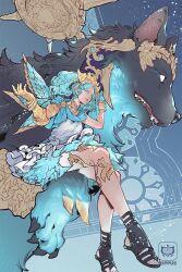 Rule 34 | 1girl, animal, asymmetrical wings, black footwear, blank eyes, blue background, blue eyes, blue hair, blue scarf, blue wings, bracelet, collar, colored eyelashes, commentary, curly hair, dalamud, dress, final fantasy, final fantasy xiv, from below, from side, full body, gauntlets, gladiator sandals, highres, ippus, jewelry, laurel crown, leg wrap, looking at viewer, menphina, metal collar, multiple wings, oversized animal, parted lips, sandals, scarf, short hair, short twintails, single gauntlet, sitting, sleeveless, sleeveless dress, tiara, twintails, white dress, wings, wolf