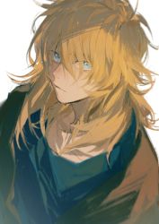 Rule 34 | 1boy, alannoran, black jacket, blonde hair, blue eyes, blue shirt, blush, casual, closed mouth, commentary, cygnus hyouga, english commentary, from above, hair over eyes, highres, jacket, long hair, looking at viewer, male focus, messy hair, mixed-language commentary, saint seiya, shirt, simple background, solo, upper body, white background