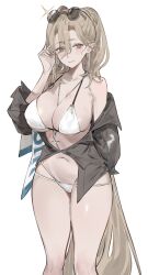 Rule 34 | 1girl, bikini, black jacket, breasts, copyright request, cross, cross necklace, eyewear on head, highres, ichinosenen, jacket, jewelry, large breasts, light brown hair, long hair, looking to the side, necklace, solo, sunglasses, swimsuit, thighs, very long hair, white bikini