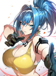 Rule 34 | 1girl, black gloves, blue eyes, blue hair, breasts, cleavage, closed mouth, dog tags, earrings, gloves, gradient background, highres, jewelry, large breasts, leona heidern, long hair, looking at viewer, matching hair/eyes, ponytail, senri gan, snk, solo, tank top, the king of fighters, triangle earrings, upper body, white background, yellow tank top