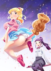 Rule 34 | 2girls, asahina mirai, ass, bare legs, between buttocks, between legs, blonde hair, blue skirt, blunt bangs, blush, bow, bowtie, braid, breasts, broom, broom riding, floating, french braid, from below, high ponytail, izayoi liko, large breasts, looking at another, looking at viewer, looking back, maeshima ryou, mahou girls precure!, matching hair/eyes, miniskirt, multiple girls, outdoors, outline, panties, pantyshot, pink footwear, pink shirt, ponytail, precure, purple eyes, purple hair, purple legwear, pussy juice, pussy juice trail, red neckwear, shirt, shoes, sidelocks, sidesaddle, skirt, sky, small breasts, star (sky), starry sky, underwear, white outline, white panties, white shirt