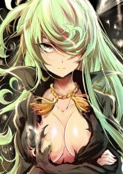 Rule 34 | 1girl, alternate breast size, alternate hair length, alternate hairstyle, breasts, cleavage, collarbone, commentary, curly hair, debris, female focus, green hair, hair over one eye, large breasts, long hair, looking at viewer, aged up, one-punch man, push! (pushmylove), solo, tatsumaki, torn clothes, yellow eyes