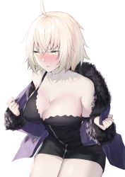 Rule 34 | 1girl, ahoge, black dress, blonde hair, blush, breasts, cleavage, collarbone, commentary request, covered erect nipples, dress, fate/grand order, fate (series), fur-trimmed jacket, fur trim, highres, itohana, jacket, jeanne d&#039;arc alter (fate), large breasts, open clothes, open jacket, purple jacket, short hair, sidelocks, simple background, solo, standing, white background, yellow eyes