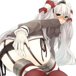 Rule 34 | 10s, 1girl, amatsukaze (kancolle), ass, bad id, bad nicoseiga id, black panties, blush, dress, from behind, garter straps, gloves, hair tubes, highres, kantai collection, long hair, looking back, panties, sailor dress, side-tie panties, silver hair, solo, tears, thighhighs, two side up, underwear, vivi-t (akagami), white background, white gloves, yellow eyes