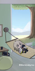 Rule 34 | 1girl, arknights, black footwear, black pantyhose, black skirt, blue sky, brown shirt, camera, chibi, closed mouth, cloud, commentary, commission, day, english commentary, grey hair, hammock, holding, holding camera, indoors, jacket, lying, marin liekuriva, on back, open clothes, open jacket, pantyhose, scene (arknights), shirt, shoe soles, single leg pantyhose, single sock, skirt, sky, smile, socks, solo, tree, twitter username, white jacket, yellow eyes, yellow socks