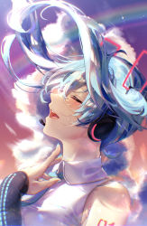 Rule 34 | 1girl, :d, arm tattoo, bad id, bad pixiv id, black sleeves, blue hair, blue necktie, closed eyes, collared shirt, detached sleeves, dusk, floating hair, gradient sky, hatsune miku, hatsune miku (vocaloid4), headphones, headset, highres, long hair, long sleeves, microphone, necktie, number tattoo, open mouth, outdoors, pink sky, purple sky, shirt, sky, sleeveless, sleeveless shirt, sleeves past wrists, smile, solo, tattoo, twintails, upper body, v4x, vocaloid, white shirt, wing collar, yusha (lv1 yusha 522)