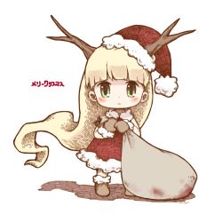 Rule 34 | 1girl, :&lt;, artist name, bad id, bad pixiv id, bag, blonde hair, blunt bangs, blush, boots, chibi, commentary request, dress, full body, fur-trimmed boots, fur-trimmed dress, fur trim, green eyes, hat, highres, horns, htol#niq: hotaru no nikki, long hair, looking at viewer, merry christmas, mion (htol#niq), mittens, red dress, santa costume, santa hat, simple background, solo, standing, very long hair, white background, yoshyun
