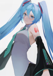 Rule 34 | 1girl, aqua eyes, aqua hair, aqua necktie, armpits, blouse, breasts, collared shirt, cowboy shot, detached sleeves, hatsune miku, highres, long hair, necktie, number tattoo, shirt, simple background, small breasts, solo, tattoo, twintails, vocaloid, white background, white shirt, yukihira makoto