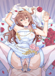 Rule 34 | 1boy, 1girl, ahoge, armpits, censored, covered erect nipples, curtains, dress, earrings, flower, gloves, green eyes, highres, humiyou, idolmaster, idolmaster million live!, idolmaster million live! theater days, jewelry, light brown hair, long hair, looking at viewer, lying, m legs, missionary, mosaic censoring, on back, on bed, pillow, pubic hair, pussy, pussy juice, red flower, red rose, ring, rose, sakuramori kaori, sex, sleeveless, sleeveless dress, spread legs, sweat, thighhighs, unworn gloves, vaginal, white dress, white gloves, white thighhighs