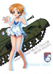 Rule 34 | 10s, 1girl, absurdres, arm up, barefoot, bikini, black bow, blue bikini, blue eyes, bow, breasts, brown hair, caterpillar tracks, character name, churchill (tank), cleavage, collarbone, dress, emblem, full body, girls und panzer, hair bow, highres, holding, holding shoes, looking at viewer, military, military vehicle, motor vehicle, open mouth, orange pekoe (girls und panzer), shiny skin, shoes, short dress, short hair, simple background, sleeveless, sleeveless dress, small breasts, solo, st. gloriana&#039;s (emblem), standing, swimsuit, tank, white background, white dress