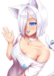Rule 34 | 1girl, animal ears, blue eyes, blue lips, blue ribbon, breasts, cat ears, cat girl, cat tail, choker, clothes writing, collarbone, commentary, hair over one eye, heart, highres, kit (mazume), light blush, looking at viewer, mazume, nyan, off-shoulder shirt, off shoulder, one eye covered, original, parted lips, ribbon, shirt, short hair, short sleeves, simple background, single bare shoulder, small breasts, smile, solo, symbol-only commentary, tail, tail ornament, tail ribbon, upper body, white background, white choker, white shirt