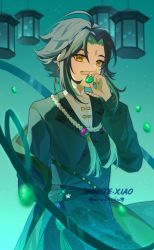 Rule 34 | 1boy, absurdres, bead necklace, beads, chinese clothes, earrings, facial mark, forehead mark, gem, genshin impact, green hair, green nails, highres, holding, jewelry, long sleeves, male focus, multicolored hair, nail polish, necklace, single earring, suzushi, xiao (genshin impact), yellow eyes