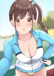 1girl blush breasts cleavage from_above hand_on_own_hip highres idolmaster idolmaster_shiny_colors jacket looking_at_viewer no_pants outdoors panties partially_unzipped selfie side_ponytail solo sonoda_chiyoko steam sweat track_jacket tukikataumemo underwear