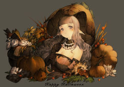Rule 34 | 1girl, player character (mabinogi), baiguiyu, blunt bangs, breasts, brown dress, brown gloves, cleavage, commentary request, dress, elbow gloves, english text, flower, flower request, gloves, grey background, grey hair, halloween, happy halloween, jack-o&#039;-lantern, jewelry, large breasts, long hair, looking at viewer, mabinogi, necklace, orange flower, original, parted lips, pearl necklace, pointy ears, pumpkin, purple eyes, rose, simple background, solo, umbrella, upper body, white flower, white rose