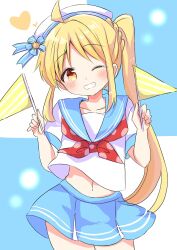 Rule 34 | 1girl, ;d, ahoge, blonde hair, blue sailor collar, blue skirt, blush, bocchi the rock!, bow, bowtie, breasts, brown eyes, collarbone, commentary, crop top, eyebrows hidden by hair, flag, hair ornament, hair scrunchie, hands up, hat, highres, holding, holding flag, ijichi nijika, long hair, looking at viewer, midriff, miniskirt, nanami ayane (kusunoki5050), navel, neck ribbon, one eye closed, one side up, open mouth, polka dot, polka dot bow, puffy sleeves, red bow, red bowtie, ribbon, sailor collar, school uniform, scrunchie, serafuku, shirt, short sleeves, side ponytail, sidelocks, simple background, skirt, small breasts, smile, solo, standing, stomach, teeth, very long hair, white shirt