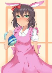 Rule 34 | 1girl, animal ears, apron, arm behind back, blush, bow, brown hair, closed mouth, collared shirt, commentary request, dark-skinned female, dark skin, easter, easter egg, egg, fake animal ears, frilled apron, frills, frown, girls und panzer, green eyes, hair bow, highres, holding, hoshino (girls und panzer), kshimu, looking at viewer, maid apron, pink apron, puffy short sleeves, puffy sleeves, rabbit ears, red bow, shirt, short hair, short sleeves, solo, standing, upper body, white shirt