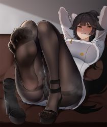 Rule 34 | 1girl, arms behind head, arms up, azur lane, black footwear, black hair, black pantyhose, blush, bow, breasts, buttons, chinese commentary, coat, commentary, couch, covered erect nipples, double-breasted, embarrassed, english commentary, feet, foot focus, foreshortening, full body, greek toe, hair bow, hair flaps, high heels, highres, large breasts, leaning back, long hair, looking at viewer, miniskirt, mixed-language commentary, panties, panties under pantyhose, pantyhose, parted lips, ponytail, scowl, see-through, shade, shoes, unworn shoes, sitting, skirt, soles, solo, steaming body, sweatdrop, takao (azur lane), thighband pantyhose, toes, underwear, v-shaped eyebrows, wenzheng147, white bow, white coat, white skirt, yellow eyes