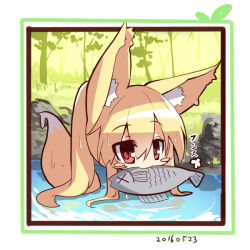 Rule 34 | 1girl, animal, animal ears, blonde hair, blush stickers, chibi, dated, day, fish, fish in mouth, fox ears, fox girl, fox tail, hair between eyes, high ponytail, long hair, looking at viewer, mouth hold, original, outdoors, partially submerged, ponytail, red eyes, solo, tail, translation request, tree, very long hair, water, wet, wet hair, x x, yuuji (yukimimi)