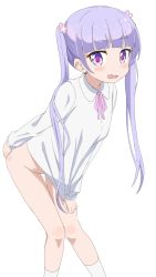 Rule 34 | 1girl, blush, bottomless, clothes pull, flower, hair flower, hair ornament, highres, long hair, looking at viewer, new game!, no panties, open mouth, pink eyes, purple hair, shirt, shirt pull, shirt tug, simple background, sincos, solo, standing, suzukaze aoba, thighhighs, twintails, white background
