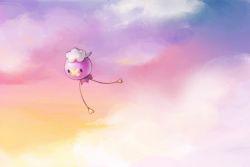 Rule 34 | black eyes, cloud, commentary request, creatures (company), drifloon, flying, full body, game freak, gen 4 pokemon, hy 26, looking down, nintendo, no humans, outdoors, pokemon, pokemon (creature), sky, solid oval eyes, solo