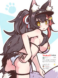 Rule 34 | 1girl, adjusting clothes, adjusting swimsuit, animal ear fluff, animal ears, ashiga oreta, ass cutout, bikini, black hair, black outline, blush, breasts, clothing cutout, cowboy shot, english translation, flipped hair, from behind, hair between eyes, hair ornament, hairclip, high ponytail, highres, hololive, japanese text, large breasts, long hair, looking back, multicolored hair, ookami mio, ookami mio (hololive summer 2019), outline, paw print, paw print background, red hair, sidelocks, solo, spiked hair, streaked hair, swimsuit, tail, tail around own leg, tail through clothes, tail wrap, thigh strap, translated, very long hair, virtual youtuber, visor cap, wolf ears, wolf girl, wolf tail, yellow eyes