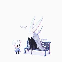 Rule 34 | ..., 2others, artist name, bench, cape, dubu (eovlfh), grey cape, hollow eyes, hollow knight, hollow knight (character), horns, knight (hollow knight), mask, multiple others, nail (hollow knight), simple background, sitting, speech bubble, spoken ellipsis, white background