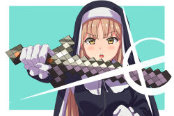 Rule 34 | 1girl, black dress, blonde hair, blue background, blush, chestnut mouth, commentary request, dress, glint, gloves, habit, highres, holding, holding sword, holding weapon, karahai (31448823), long hair, long sleeves, looking at viewer, minecraft, nijisanji, nun, open mouth, outstretched arm, round teeth, simple background, sister claire, sister claire (1st costume), sword, teeth, traditional nun, upper body, upper teeth only, v-shaped eyebrows, virtual youtuber, weapon, white gloves, yellow eyes