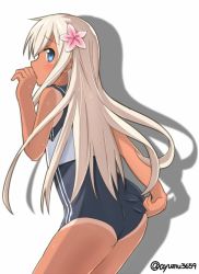 Rule 34 | 10s, 1girl, adjusting clothes, adjusting swimsuit, ass, ayumu (ayumu3659), bad id, bad pixiv id, blonde hair, blue eyes, blush, crop top, flower, hair flower, hair ornament, kantai collection, long hair, ro-500 (kancolle), sailor collar, school swimsuit, solo, swimsuit, swimsuit under clothes, tan, tanline, tears