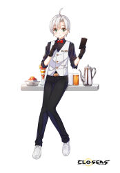 Rule 34 | 1boy, ahoge, alternate hair color, badge, belt, black gloves, black pants, black shirt, blush, bow, bowl, bowtie, clipboard, closed mouth, closers, coffee pot, collared shirt, copyright name, cup, drinking, drinking glass, food, full body, gloves, green eyes, hands up, highres, holding, holding clipboard, holding pen, knees together feet apart, logo, looking at viewer, male focus, mistilteinn (closers), official art, oxfords, pants, pen, pen to mouth, red bow, red bowtie, shaved ice, shelf, shirt, short hair, sleeves past elbows, solo, standing, tachi-e, traditional bowtie, vest, waistcoat, waiter, white background, white belt, white footwear, white hair, white vest