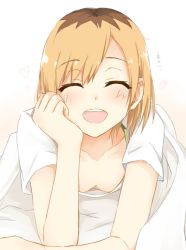 Rule 34 | 1girl, :d, blonde hair, blush, breasts, brown hair, cleavage, closed eyes, collarbone, hair between eyes, head rest, lying, miyamori aoi, multicolored hair, on stomach, open mouth, roots (hair), shirobako, shirt, short hair, short sleeves, small breasts, smile, solo, tahita1874, two-tone hair, under covers, upper body, white shirt
