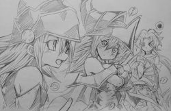 Rule 34 | 4girls, artist request, bare shoulders, breasts, card ejector, dark magician girl, duel monster, fairy, gagaga girl, hat, large breasts, long hair, magical girl, monochrome, multiple girls, traditional media, wizard hat, yu-gi-oh!, yuu-gi-ou, yu-gi-oh! duel monsters