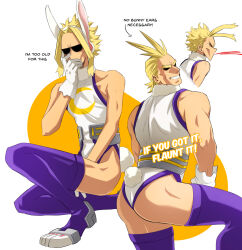 Rule 34 | all might, animal ears, antenna hair, ass, ass focus, bare arms, bare shoulders, blonde hair, boku no hero academia, chinese zodiac, cosplay, coughing blood, covered eyes, english text, fake animal ears, feet out of frame, gloves, hair slicked back, highleg, highleg leotard, highres, leotard, looking at viewer, male focus, messy hair, mirko, mirko (cosplay), multiple views, muscular, muscular male, rabbit ears, rabbit tail, skinny, spiked hair, tail, thighhighs, thighs, trevo (trevoshere), white gloves, white leotard, year of the rabbit