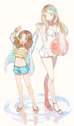 Rule 34 | 10s, 2girls, :d, age difference, arms up, bad id, bad pixiv id, ball, bare legs, beachball, bikini, bikini skirt, bikini under clothes, blonde hair, blue flower, blue shorts, bracelet, brown eyes, brown hair, buun ko, carrying, carrying under arm, cat hair ornament, colored eyelashes, eyebrows, flip-flops, flower, frilled bikini, frills, front-tie bikini top, front-tie top, full body, green eyes, haiba arisa, haikyuu!!, hair flower, hair ornament, hairclip, heart, heart necklace, highres, holding, holding hands, jacket, jacket over swimsuit, jewelry, legs apart, long hair, long sleeves, looking at another, looking at viewer, looking to the side, multiple girls, navel, necklace, open clothes, open fly, open jacket, open mouth, pink footwear, pocket, polka dot, reflection, sandals, see-through, shawl, shoes, short eyebrows, shorts, smile, standing, stomach, swept bangs, swimsuit, swimsuit under clothes, transparent, twintails, water, white background, white bikini, yamamoto akane