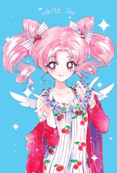 Rule 34 | 1girl, :q, ahma, bishoujo senshi sailor moon, blue background, bow, cherry, cherry print, chibi usa, cone hair bun, cowboy shot, double bun, food, food-themed hair ornament, food print, fruit, hair bow, hair bun, hair ornament, highres, jacket, jewelry, necklace, off shoulder, pink hair, print skirt, red eyes, short hair, skirt, smile, solo, striped bow, striped clothes, striped skirt, tongue, tongue out, twintails, vertical-striped clothes, vertical-striped skirt, white day, wings