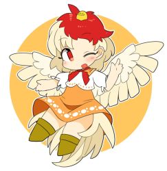 Rule 34 | 1girl, ;d, animal, animal on head, bird, bird on head, bird wings, blonde hair, boots, brown footwear, chick, dress, full body, ini (inunabe00), looking at viewer, multicolored hair, niwatari kutaka, on head, one eye closed, open mouth, orange background, orange dress, red eyes, red hair, shirt, short sleeves, smile, solo, touhou, two-tone hair, white background, white shirt, wings, yellow wings