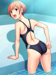 Rule 34 | 1girl, adjusting clothes, adjusting swimsuit, arm support, asics, ass, black one-piece swimsuit, brown eyes, brown hair, competition swimsuit, from behind, highleg, highleg swimsuit, highres, kuri (kurigohan), leaning forward, looking back, matching hair/eyes, one-piece swimsuit, open mouth, original, partially submerged, pool, shadow, short hair, shoulder blades, smile, solo, standing, swimsuit, thighs, tile floor, tiles, wading, water