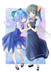 Rule 34 | 2girls, blue eyes, blue hair, cirno, daiyousei, dress, embodiment of scarlet devil, fairy wings, full body, green eyes, green hair, hair ribbon, hand on shoulder, hangetsuakibarika, holding another&#039;s wrist, ice, ice wings, long hair, mary janes, multiple girls, open mouth, ponytail, ribbon, shoes, short hair, side ponytail, socks, standing, touhou, white hair, wings