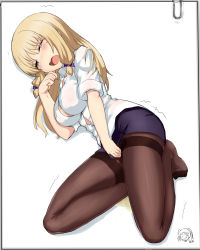 Rule 34 | 10s, 1girl, ^^^, absurdres, blonde hair, blush, bow, breasts, cleavage, closed eyes, covered erect nipples, feet, female focus, full body, hair bow, highres, hu sea, jinsei, kujou fumi, legs, long hair, lying, mole, no bra, on side, open mouth, pantyhose, pee, peeing, peeing self, photo (object), signature, simple background, solo, trembling, white background