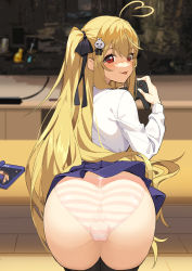 Rule 34 | 1girl, :3, :p, ahoge, ass, bent over, black ribbon, black thighhighs, blonde hair, blouse, blue skirt, blurry, blurry background, blush, blush stickers, cameltoe, cleft of venus, clothes lift, commentary request, dark souls (series), dark souls i, fingernails, game console, hair between eyes, hair ribbon, heart, heart ahoge, highres, indoors, long hair, long sleeves, looking at viewer, looking back, microsoft, niliu chahui, original, panties, pantyshot, phone, playstation 4, pleated skirt, red eyes, ribbon, shirt, sidelocks, skirt, skirt lift, solo, sony, striped clothes, striped panties, table, thighhighs, tokisaki asaba (niliu chahui), tongue, tongue out, two side up, underwear, upskirt, very long hair, white shirt, xbox controller