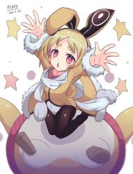Rule 34 | 1girl, :o, animal ears, arms up, artist name, black pantyhose, blonde hair, bow, chinese commentary, commentary request, damarinasai (mineo), dated, disgaea, fake animal ears, full body, fur-trimmed jacket, fur-trimmed sleeves, fur trim, hairband, highres, jacket, kneeling, leotard, long sleeves, looking at viewer, makai senki disgaea 5, open mouth, pantyhose, prinny, rabbit earmuffs, rabbit ears, red bow, red eyes, scarf, short eyebrows, short hair, simple background, solo, star (symbol), thick eyebrows, usalia (disgaea), white background, white leotard, white scarf, yellow jacket