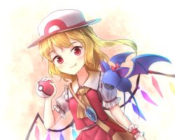 Rule 34 | 1girl, ascot, bag, bat (animal), blonde hair, blush, bow, buttons, closed mouth, creatures (company), eyelashes, fang, fang out, fangs, fedora, flandre scarlet, frilled shirt collar, frilled sleeves, frills, game freak, gen 1 pokemon, handbag, hat, holding, holding poke ball, looking at viewer, minust, nintendo, over shoulder, poke ball, pokemon, pokemon (creature), puffy short sleeves, puffy sleeves, red bow, red eyes, red skirt, red vest, scrunchie, shirt, short hair, short sleeves, skirt, smile, teeth, tooth, touhou, upper body, vest, vs seeker, white headwear, white shirt, wrist cuffs, wrist scrunchie, zubat