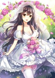 Rule 34 | 10s, 1girl, :d, akagi (kancolle), alternate costume, arch, backlighting, blush, bouquet, bow, breasts, bridal veil, cleavage, cowboy shot, detached sleeves, dress, floral arch, flower, frilled dress, frills, garter straps, hair between eyes, holding, holding bouquet, kantai collection, light particles, long hair, looking at viewer, medium breasts, open mouth, petals, pink flower, pink rose, puffy short sleeves, puffy sleeves, purple flower, purple rose, rose, rose petals, see-through, short sleeves, sidelocks, smile, solo, standing, strapless, strapless dress, thighhighs, veil, very long hair, wedding dress, white bow, white dress, white thighhighs, zettai ryouiki