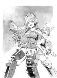 Rule 34 | 2girls, animal ears, antonina kruschinski, ass, backpack, bag, border, breasts, from behind, garrison cap, gloves, greyscale, hand on own neck, hannelore kummel, hat, headphones, holding, holding weapon, implied extra ears, large breasts, lion ears, lion girl, lion tail, long hair, looking back, mecha musume, mechanical legs, medium breasts, monochrome, multiple girls, no pants, nogami takeshi, official art, open mouth, panties, ponytail, rabbit ears, rabbit girl, rabbit tail, single bang, sky, strike witches (lionheart witch), tail, throat microphone, tsurime, underwear, wavy hair, weapon, white border, white gloves, white panties, world witches series