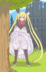 Rule 34 | 1girl, artist request, black dress, black footwear, black ribbon, blazblue, blonde hair, bloomers, blunt bangs, blush, boots, cape, castle, cleft of venus, clothes lift, crotchless, crotchless bloomers, dress, dress lift, female focus, fence, gothic lolita, grass, hair ribbon, knee boots, lifted by self, lolita fashion, long dress, long hair, long twintails, outdoors, peeing, petticoat, pussy, rachel alucard, red eyes, red ribbon, ribbon, standing, tree, twintails, uncensored, underwear, very long hair, watering the tree