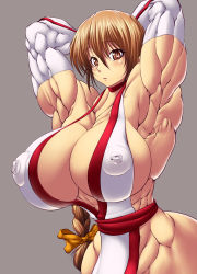 Rule 34 | 1girl, armpits, arms behind head, braid, breasts, brown eyes, brown hair, choker, cleavage, dead or alive, covered erect nipples, extreme muscles, female focus, highres, japanese clothes, kasumi (doa), large breasts, muscular, purukogi (plasma beach), solo, tecmo