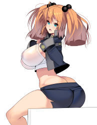 Rule 34 | 1girl, absurdres, ass, blue eyes, breasts, butt crack, cropped jacket, fingerless gloves, gloves, highres, huge breasts, jacket, kouno (masao), large breasts, light brown hair, long hair, looking at viewer, midriff, open clothes, open jacket, original, shorts, sitting, solo, twintails, white background