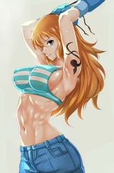 Rule 34 | 1girl, abs, arm tattoo, armpits, arms up, bikini, bikini top only, boxing gloves, breasts, covered erect nipples, denim, grey background, grey eyes, hair between eyes, highres, large breasts, long hair, looking at viewer, muscular, muscular female, nami (one piece), navel, nonoririn, one piece, orange hair, profile, sideboob, simple background, smile, solo, steaming body, striped bikini, striped clothes, sweat, swimsuit, tattoo, upper body
