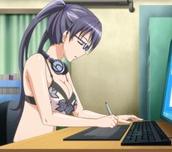 Rule 34 | 1girl, black hair, bra, breasts, bursting breasts, cleavage, closed eyes, computer, covered erect nipples, eroge! h mo game mo kaihatsu zanmai, from side, glasses, headphones, highres, computer keyboard, kosaka iori, large breasts, long hair, monitor, navel, nipples, panties, parted lips, see-through, sleeping, solo, stitched, third-party edit, twintails, underwear